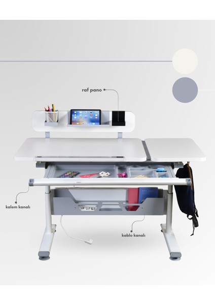 Vega Standart Sade ve Fonksiyonel Ofis Masası Yükseklik Ayarlı ve Çekmeceli - 130x70 Cm, Ekru/Gri indirimleri