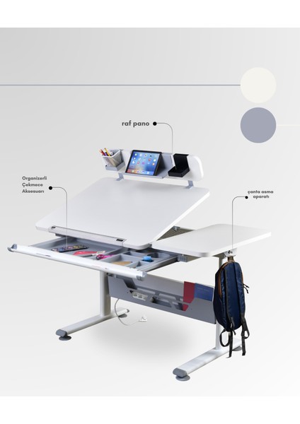 Vega Standart Sade ve Fonksiyonel Ofis Masası Yükseklik Ayarlı ve Çekmeceli - 130x70 Cm, Ekru/Gri