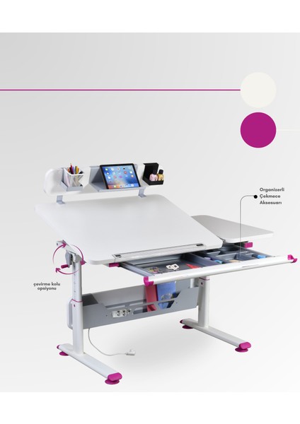 Vega Standart Çekmeceli Kız Öğrenci Masası Yükseklik Ayarlı - Ekru/Fuşya - 130x70 Cm