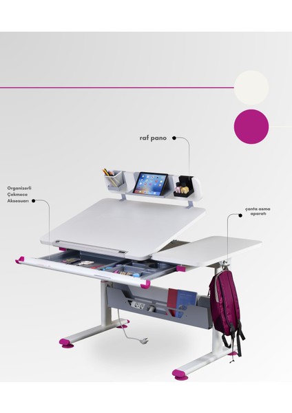 Vega Standart Çekmeceli Kız Öğrenci Masası Yükseklik Ayarlı - Ekru/Fuşya - 130x70 Cm fırsatları
