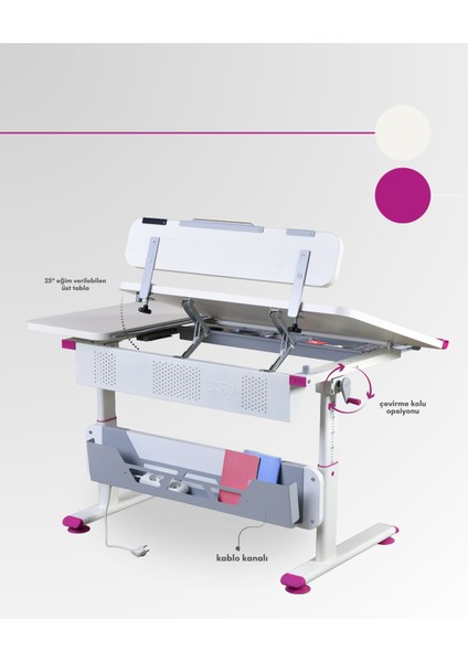 Vega Standart Çekmeceli Kız Öğrenci Masası Yükseklik Ayarlı - Ekru/Fuşya - 130x70 Cm