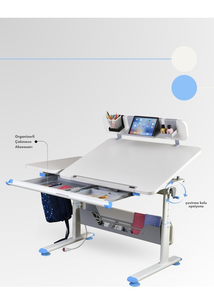 Vega Standart Ergonomik Genç Çalışma Masası, Eğim ve Yükseklik Ayarlı Masa - 130x70 Cm, Ekru/Mavi fırsatları