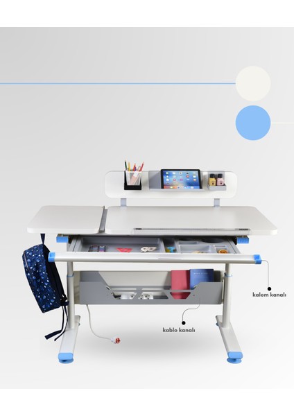 Vega Standart Ergonomik Genç Çalışma Masası, Eğim ve Yükseklik Ayarlı Masa - 130x70 Cm, Ekru/Mavi indirimleri