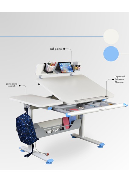 Vega Standart Ergonomik Genç Çalışma Masası, Eğim ve Yükseklik Ayarlı Masa - 130x70 Cm, Ekru/Mavi