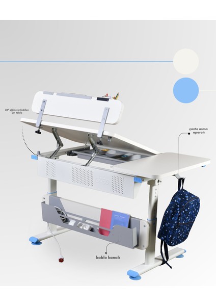 Vega Standart Ergonomik Genç Çalışma Masası, Eğim ve Yükseklik Ayarlı Masa - 130x70 Cm, Ekru/Mavi