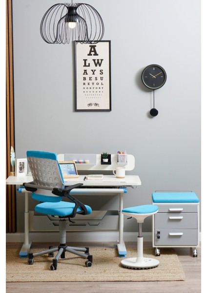 Vega Standart Ergonomik Genç Çalışma Masası, Eğim ve Yükseklik Ayarlı Masa - 130x70 Cm, Ekru/Mavi
