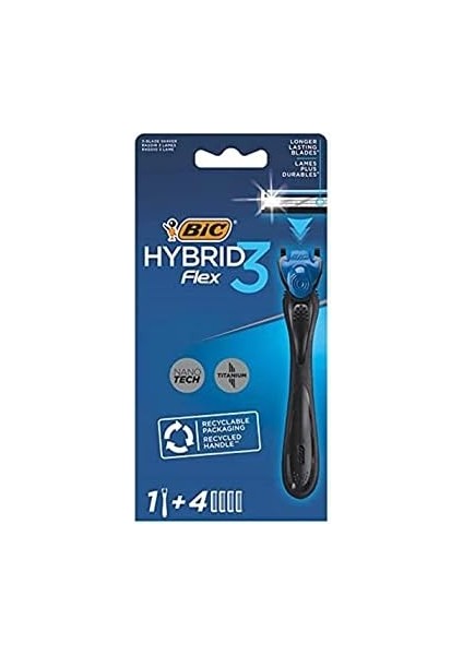 Bıc Hybrid 3 Flex Erkek Tıraş Bıçağı 1 Sap ve 4 Yedek Başlık (3 Bıçak), 3 Nano Teknolojik Titanyum Bıçak, E Vitamini ile Zenginleştirilmiş Geniş Kayganlaştırıcı Bant