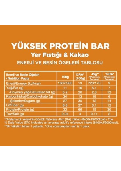 Fellas Yüksek Protein Bar, Yer Fıstıklı ve Kakaolu, 45GR x 12 Adet