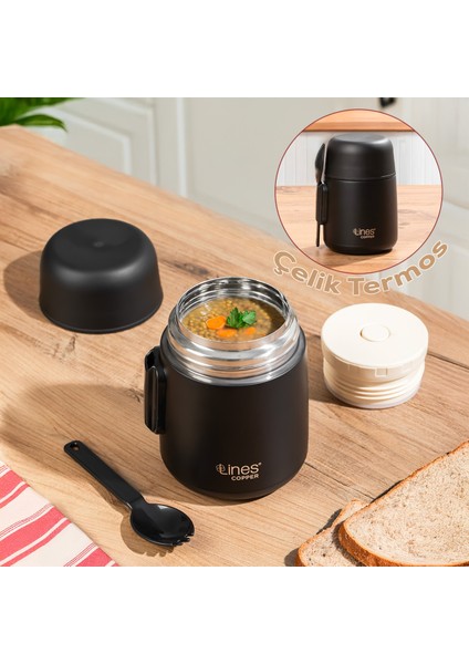 Paslanmaz Çelik Vakumlu Yemek Termosu Beslenme Kutusu Taşınabilir Lunch Box Sefer Tası Siyah 600ML