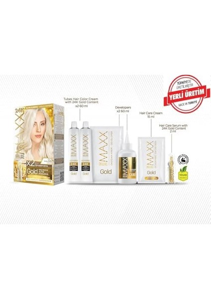 Maxx Deluxe Gold Serisi 24K Altın Parçacıklı Serum ile 1 Kutu 2 x 50 ml ve Geliştiriciler Saç Boyası (Buzul Sarısı 0.2) fiyatları