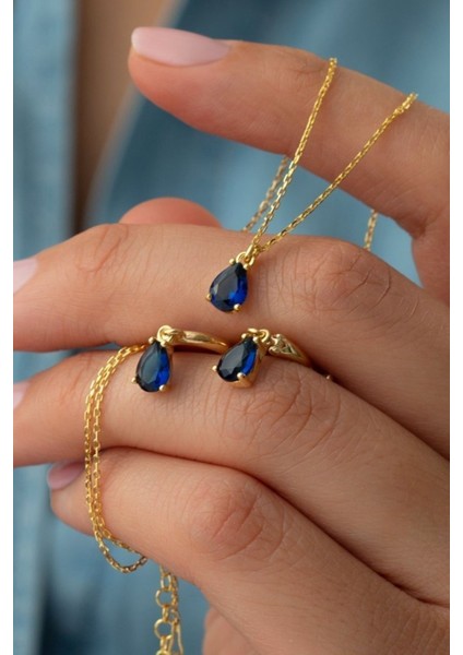 925 Ayar Gümüş Lacivert Taşlı Kolye-Küpe Takı Seti