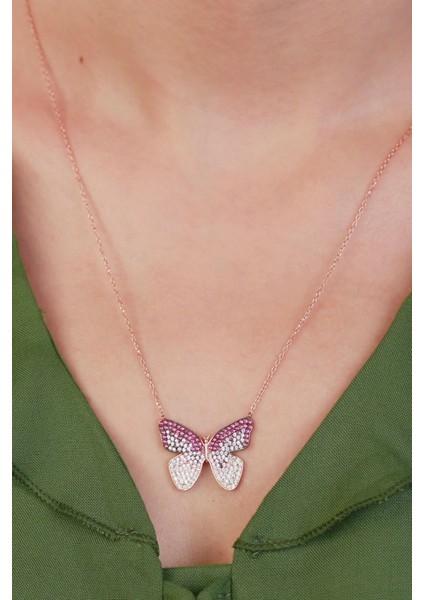 925 Ayar Gümüş Rose Pembe Taşlı Kelebek Kolye