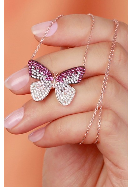 925 Ayar Gümüş Rose Pembe Taşlı Kelebek Kolye fiyatları