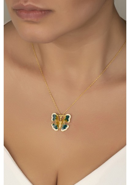 925 Ayar Gümüş Gold Kelebek Kolye