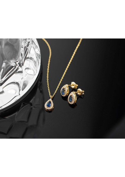 925 Ayar Gümüş Eylül Ayı Doğum Taşı ( Sapphire ) Kolye - Küpe Seti