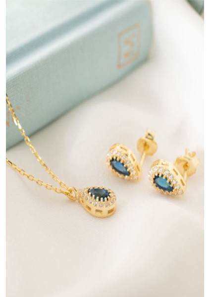 925 Ayar Gümüş Eylül Ayı Doğum Taşı ( Sapphire ) Kolye - Küpe Seti fiyatları