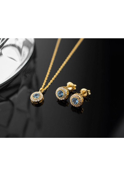 925 Ayar Gümüş Mart Ayı Doğum Taşı ( Aquamarine ) Kolye - Küpe Seti