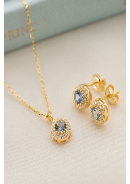 925 Ayar Gümüş Mart Ayı Doğum Taşı ( Aquamarine ) Kolye - Küpe Seti fiyatları