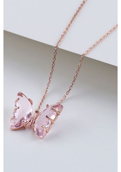 925 Ayar Gümüş Pembe Cam Kelebek Kolye