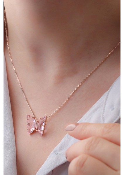 925 Ayar Gümüş Pembe Cam Kelebek Kolye fiyatları