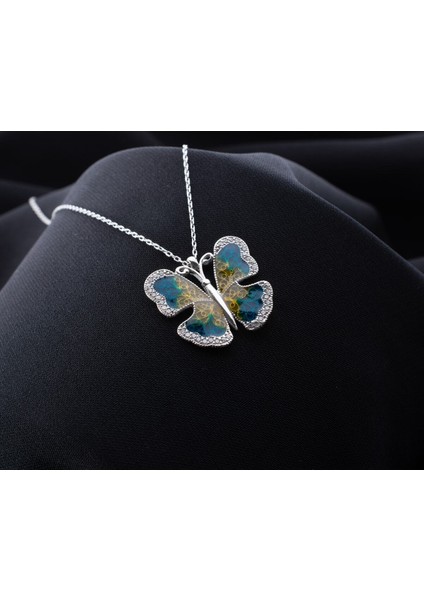925 Ayar Gümüş Ebruli Kelebek Kolye