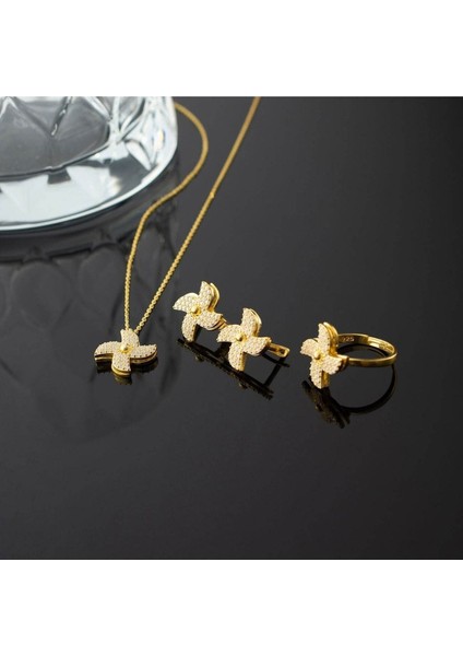 925 Ayar Gümüş Rüzgar Gülü Dönerli Kolye-Küpe-Yüzük Seti