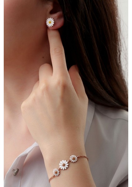 925 Ayar Gümüş Papatya Bileklik Küpe Set