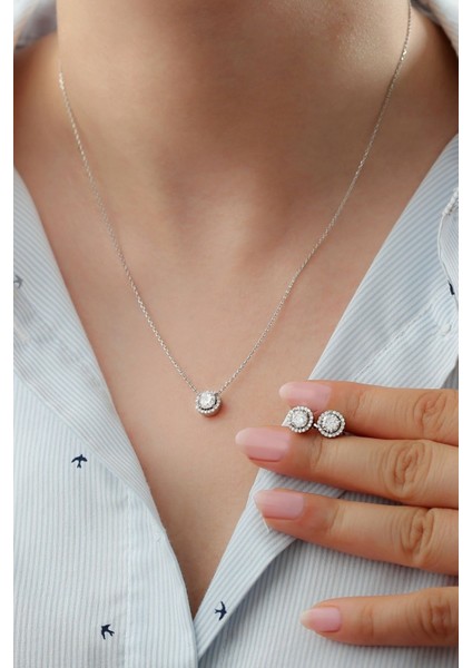 925 Ayar Gümüş Pırlanta Model Kolye Küpe Seti ( Rodyum )