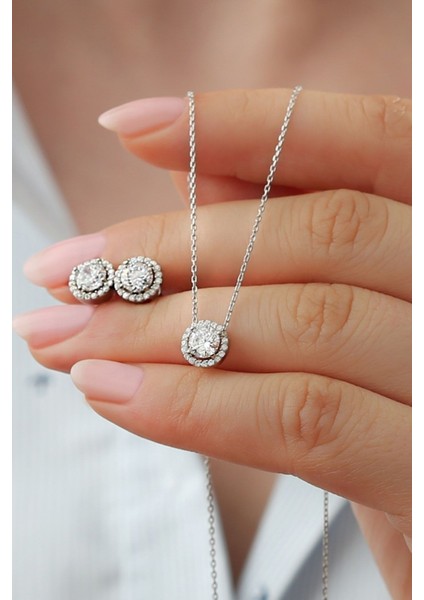 925 Ayar Gümüş Pırlanta Model Kolye Küpe Seti ( Rodyum ) fiyatları