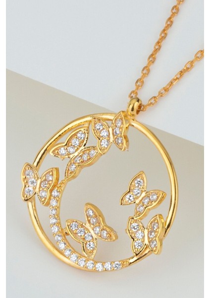925 Ayar Gümüş Gold Kelebekli Halka Kolye