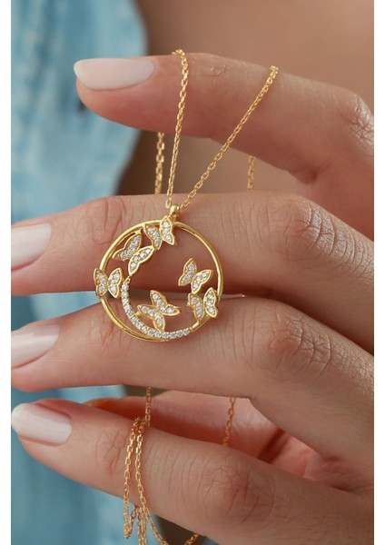 925 Ayar Gümüş Gold Kelebekli Halka Kolye fiyatları