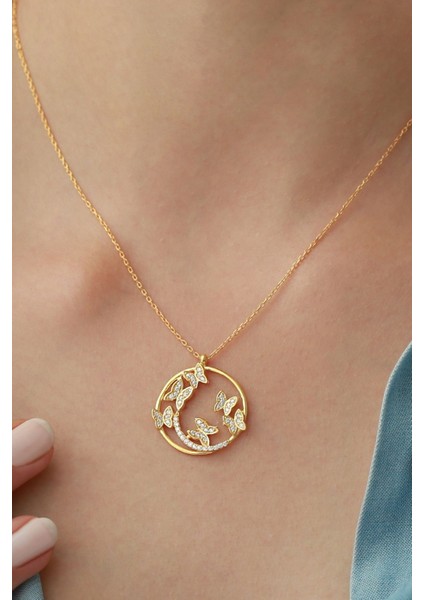 925 Ayar Gümüş Gold Kelebekli Halka Kolye modelleri