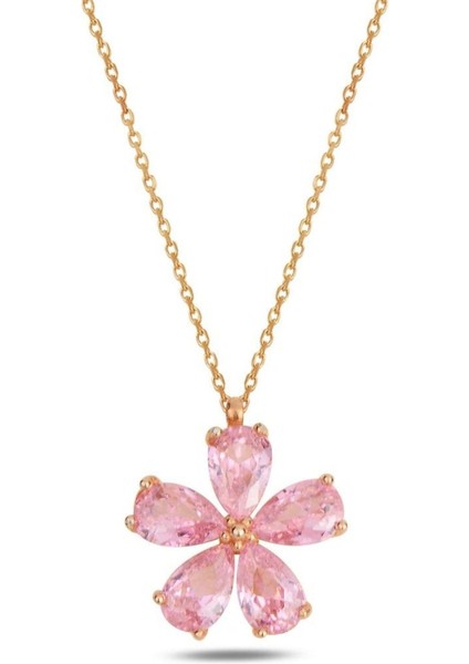 925 Ayar Gold Zirkon Pembe Taşlı Yasemin Çiçeği Gümüş Kolye