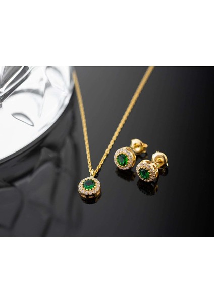 925 Ayar Gümüş Mayıs Ayı Doğum Taşı ( Emerald ) Kolye - Küpe Seti
