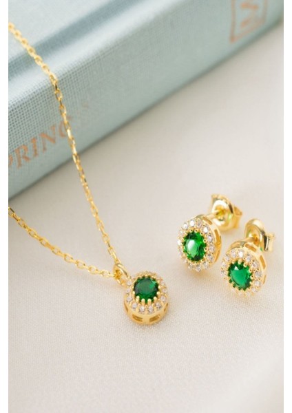 925 Ayar Gümüş Mayıs Ayı Doğum Taşı ( Emerald ) Kolye - Küpe Seti fiyatları