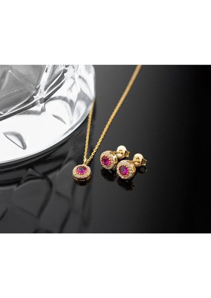 925 Ayar Gümüş Temmuz Ayı Doğum Taşı ( Ruby ) Kolye - Küpe Seti
