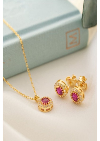925 Ayar Gümüş Temmuz Ayı Doğum Taşı ( Ruby ) Kolye - Küpe Seti fiyatları