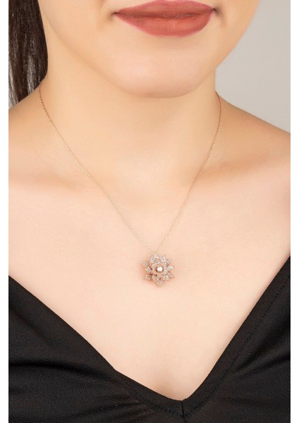 925 Ayar Gümüş Rose Taşlı Lotus Kolye