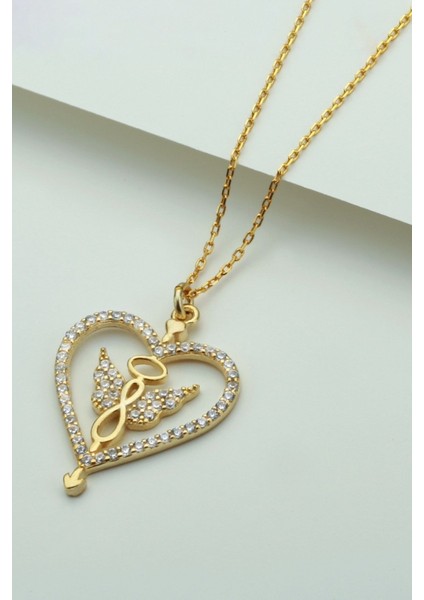 925 Ayar Gold Kelebekli Kalp Gümüş Kolye