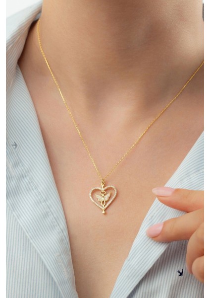 925 Ayar Gold Kelebekli Kalp Gümüş Kolye modelleri