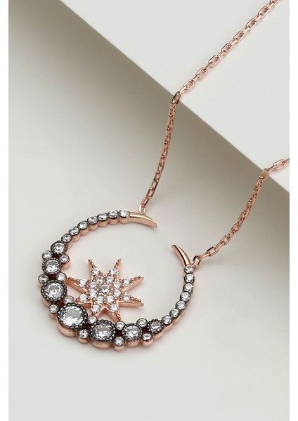 925 Ayar Gümüş Şık Tasarım Taşlı Ay Yıldız Kolye