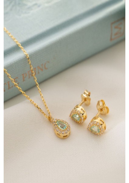 925 Ayar Gümüş Mart Ayı Doğum Taşı ( Aquamarine ) Kolye - Küpe Seti