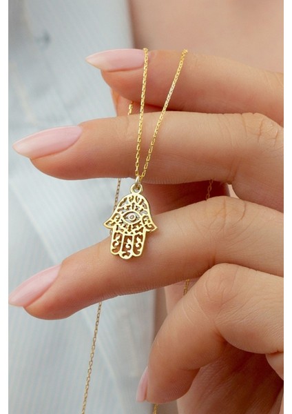 925 Ayar Gümüş Gold Fatma Ana Eli Kolye