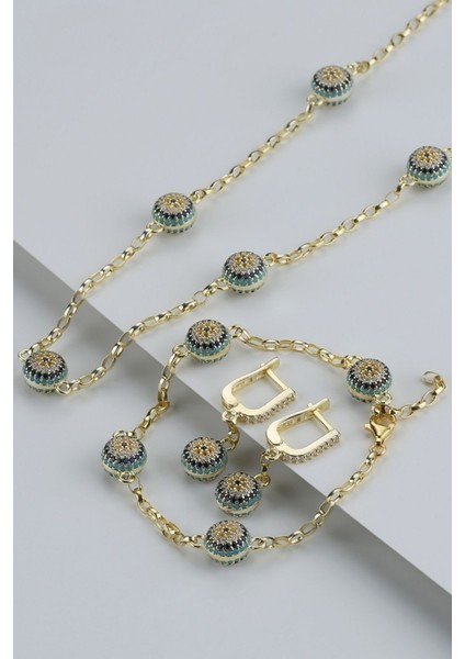 925 Ayar Gümüş Göz Nazarlı Takı Seti ( Kolye-Bileklik-Küpe )