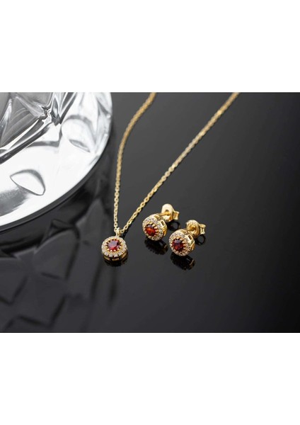 925 Ayar Gümüş Ocak Ayı Doğum Taşı ( Garnet ) Kolye - Küpe Seti