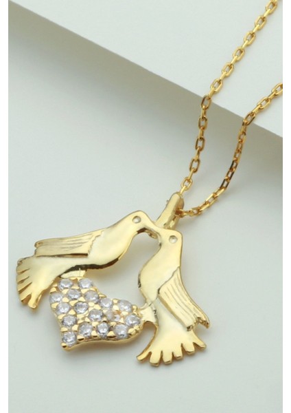 925 Ayar Gold Çifte Kumru Kalpli Gümüş Kolye