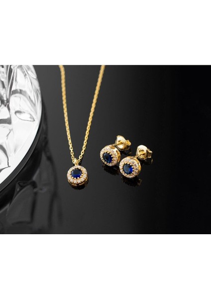 925 Ayar Gümüş Eylül Ayı Doğum Taşı ( Sapphire ) Kolye - Küpe Seti