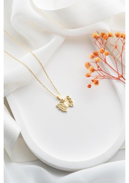 925 Ayar Gümüş Gold Kelebek Kolye