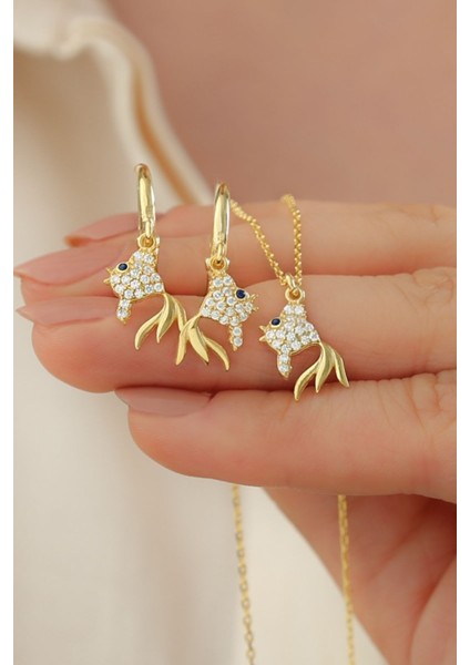 925 Ayar Gümüş Balıklı Kolye Küpe Seti