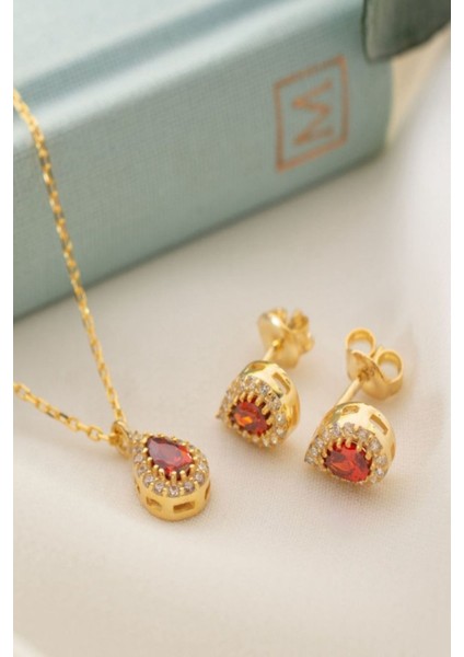 925 Ayar Gümüş Ocak Ayı Doğum Taşı ( Garnet ) Kolye - Küpe Seti